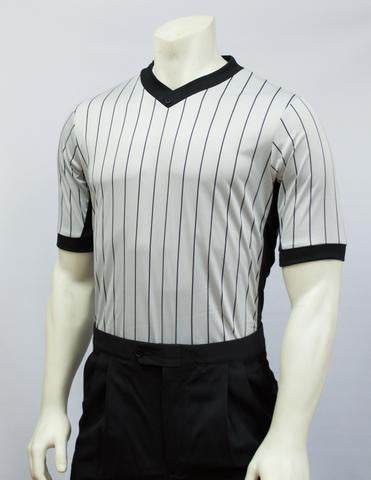 BKS206-Smitty Grey Elite Performance Interlock V-Neck Shirt w/ Black Pinstripe and Side Panel - Officially Dalco